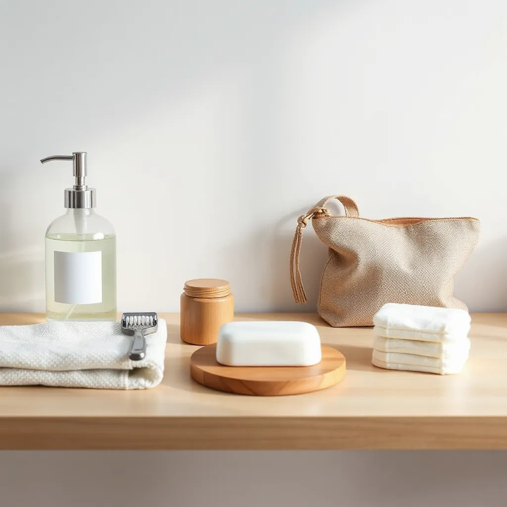 Essentiels d hygiène réutilisables sur un plateau minimal, savon solide, brosse en bambou et rasoir inox