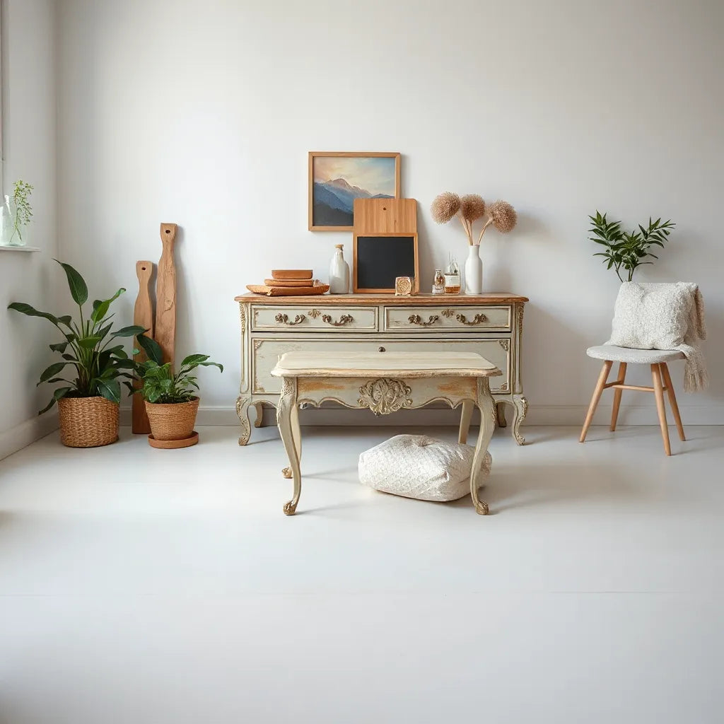 Meuble revalorisé patiné dans un salon clair avec outils de rénovation à côté