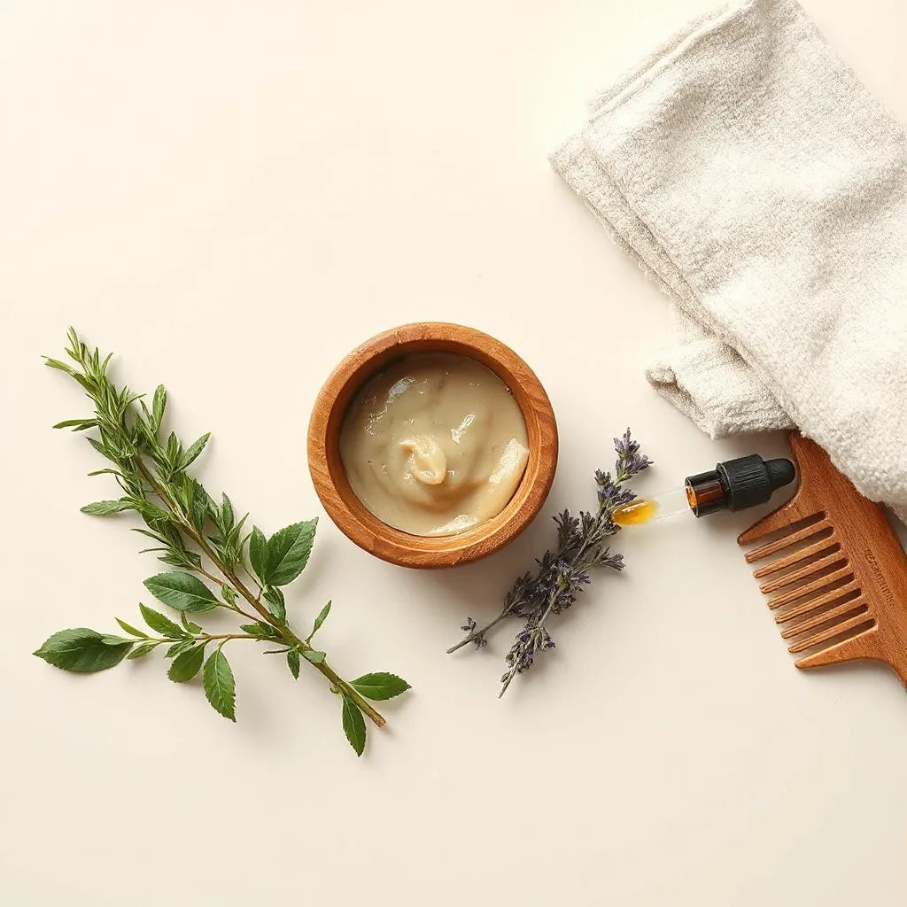Masque capillaire végétal dans un bol en bois, huile aux herbes et peigne sur fond clair
