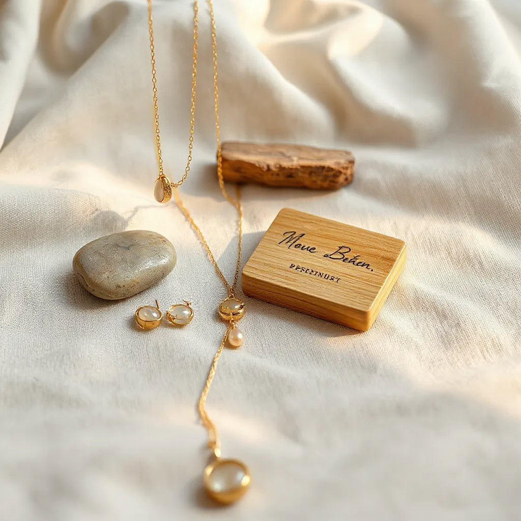 Collier et boucles minimalistes sur fond clair, pierres naturelles et matières responsables en arrière-plan