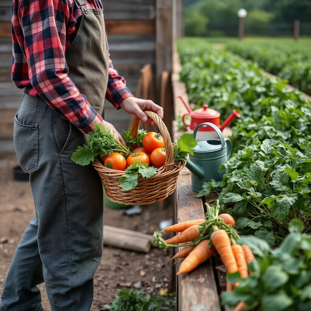 Un producteur remet un panier de légumes frais bio à l’entrée d’une petite ferme.