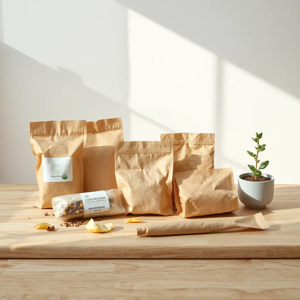Assortiment d emballages biodégradables en papier et fibres sur une table en bois clair
